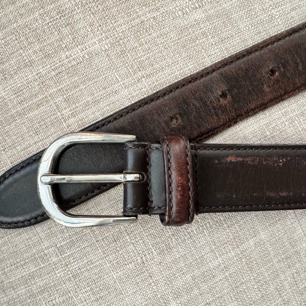 Carroll & Co Brown Leather Belt with Silver Buckle (solid brass) Made in Italy